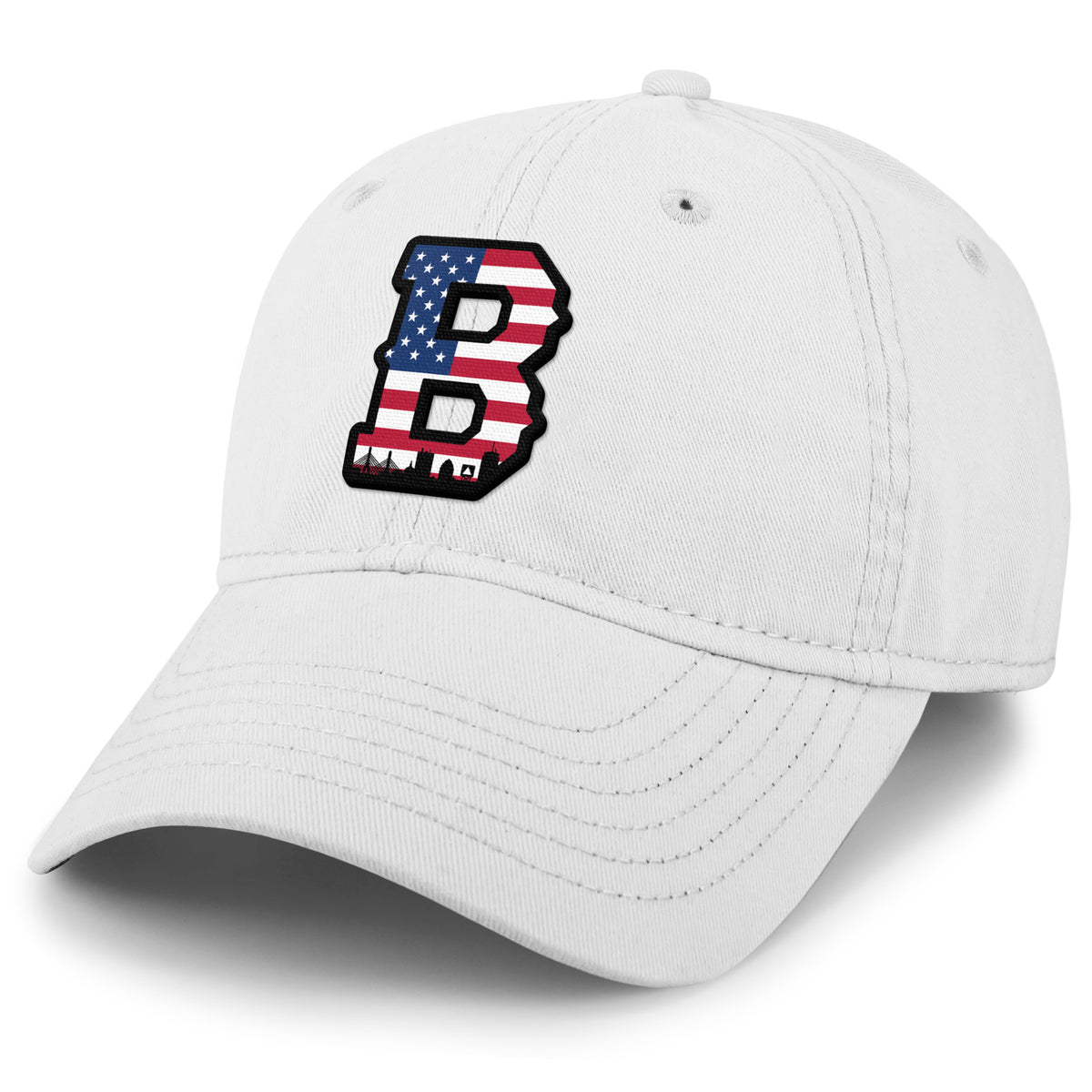 USA Boston Block B Skyline dad hat in white — flag-filled Block B and Boston