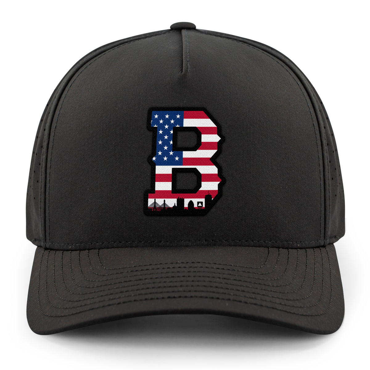 Front of black USA Boston Block B Skyline performance hat with American flag Block B