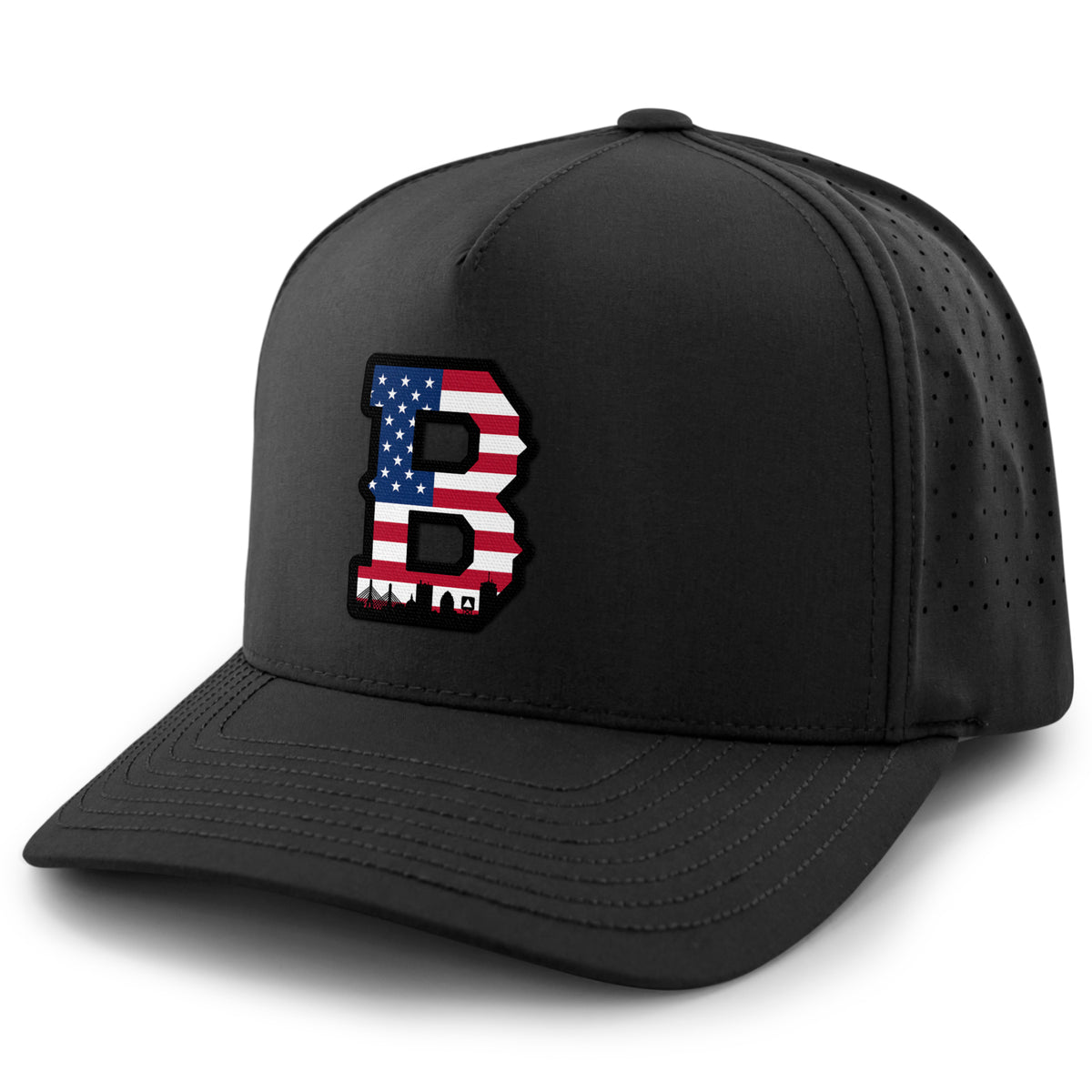 USA Boston Block B Skyline performance hat in black — flag-filled Block B and Boston