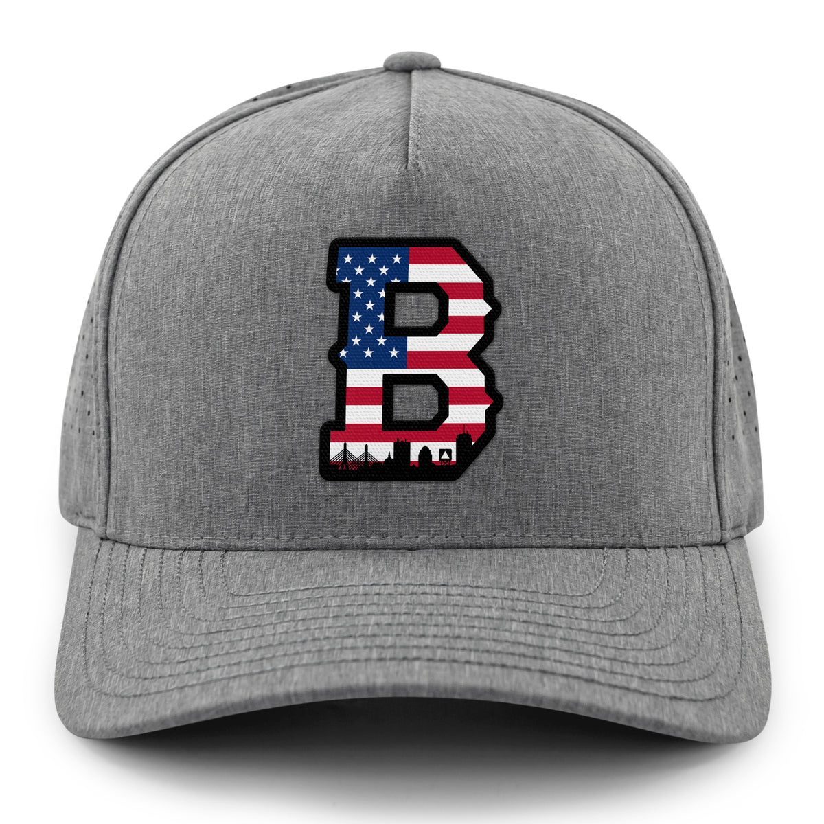 Front of gray USA Boston Block B Skyline performance hat with American flag Block B
