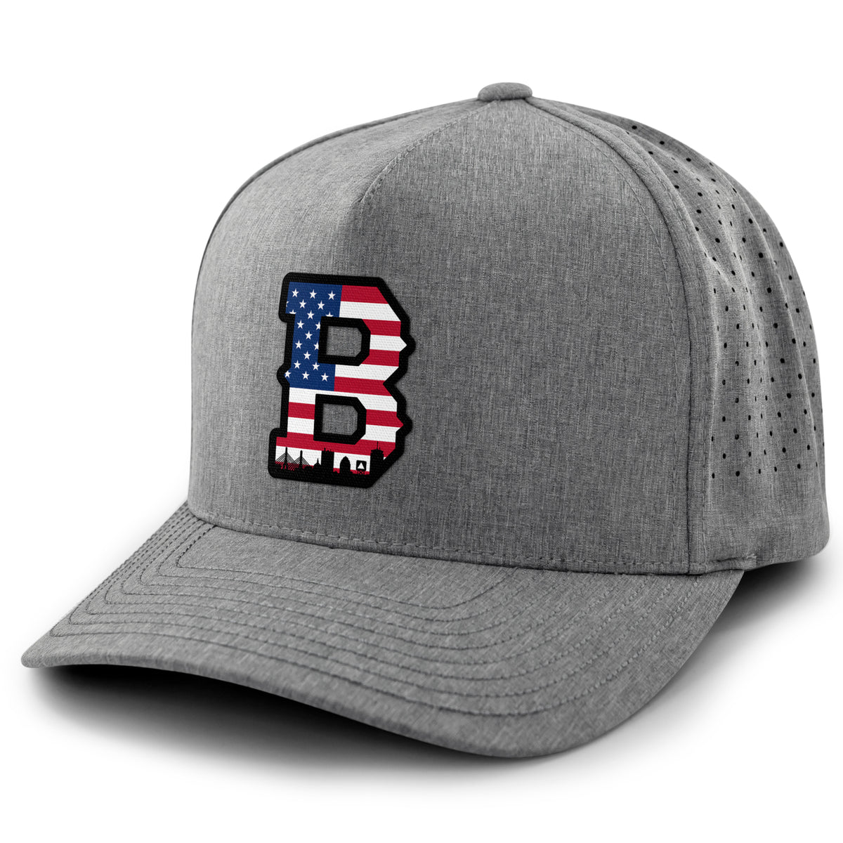 USA Boston Block B Skyline performance hat in gray — flag-filled Block B and Boston
