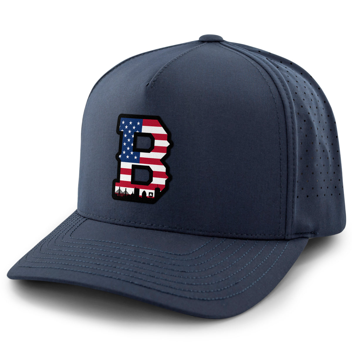 USA Boston Block B Skyline performance hat in navy — flag-filled Block B and Boston
