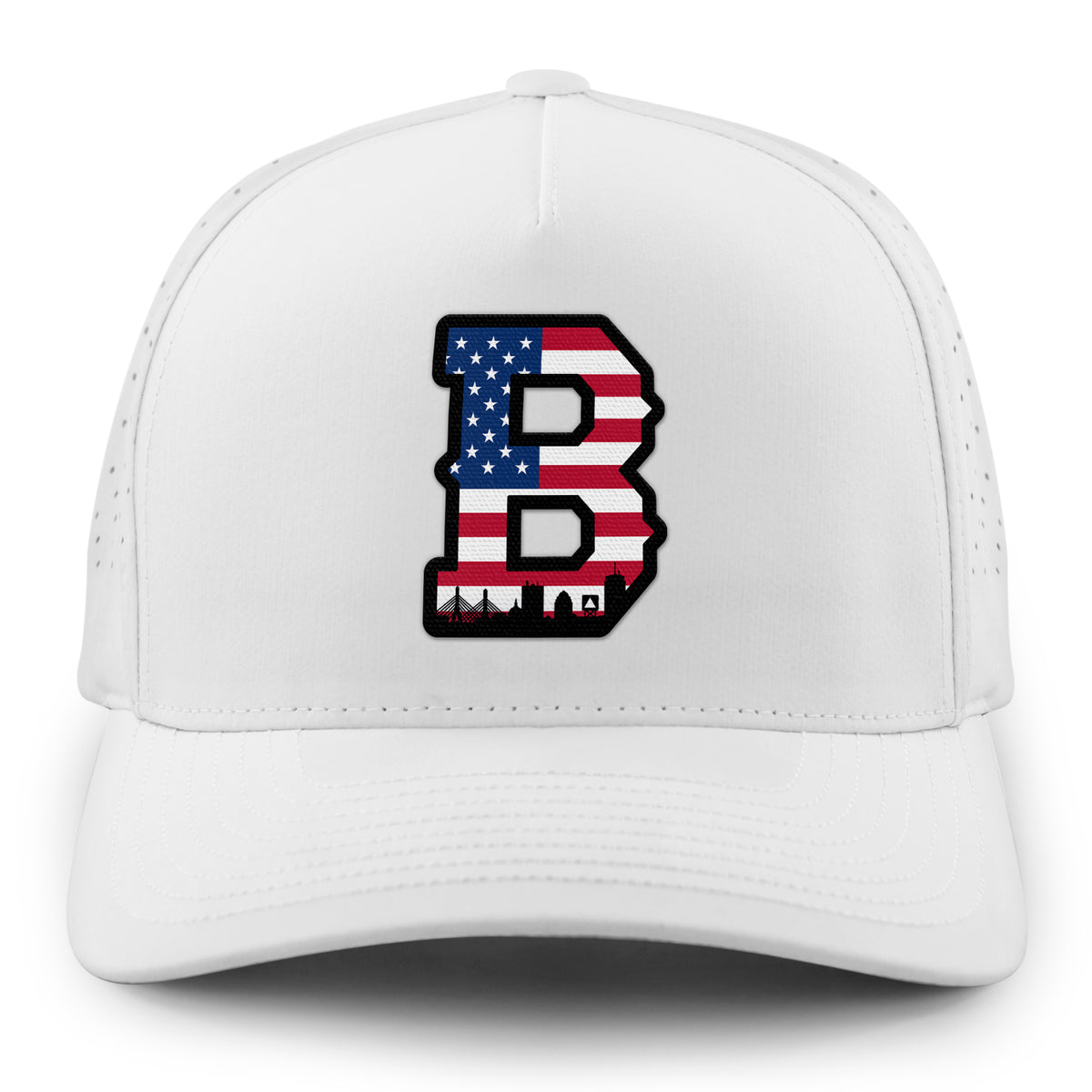 Front of white USA Boston Block B Skyline performance hat with American flag Block B