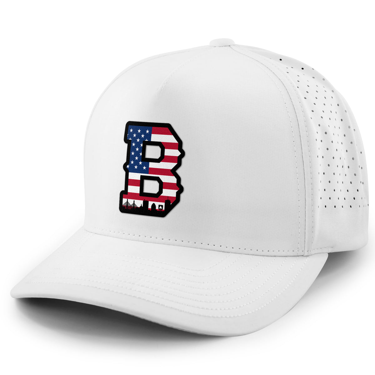 USA Boston Block B Skyline performance hat in white — flag-filled Block B and Boston