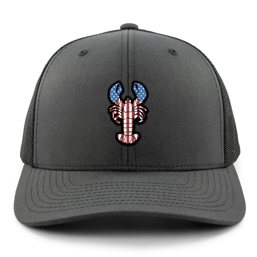 Front of charcoal USA Lobster snapback trucker hat with flag-patterned lobster graphic