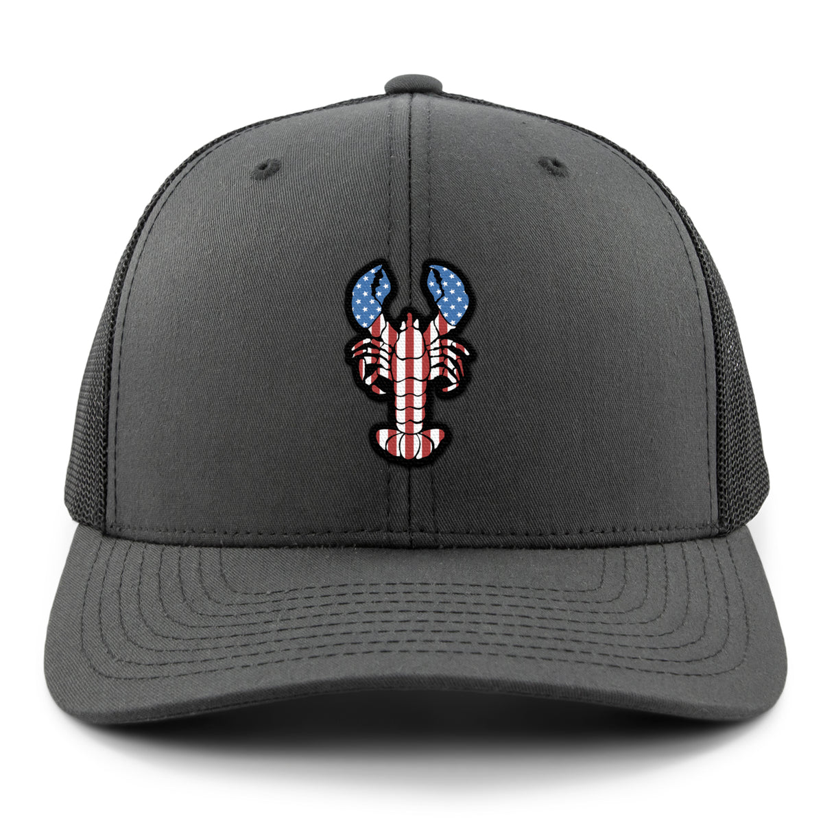 Front of charcoal USA Lobster snapback trucker hat with flag-patterned lobster graphic