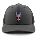 Front of charcoal USA Lobster snapback trucker hat with flag-patterned lobster graphic
