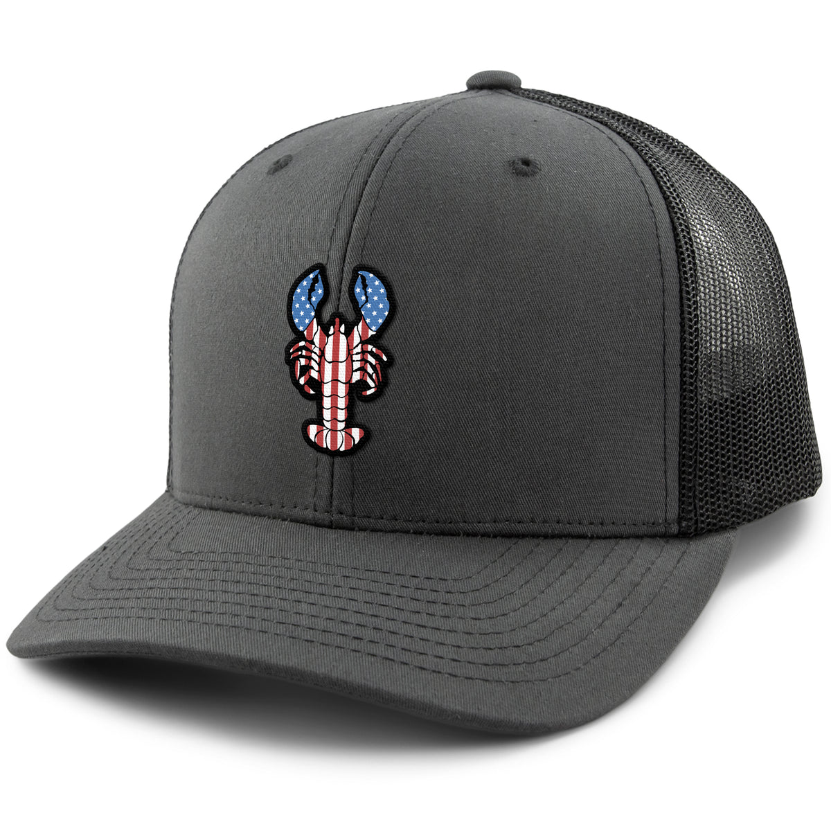 USA Lobster classic snapback trucker hat in charcoal — American flag lobster graphic