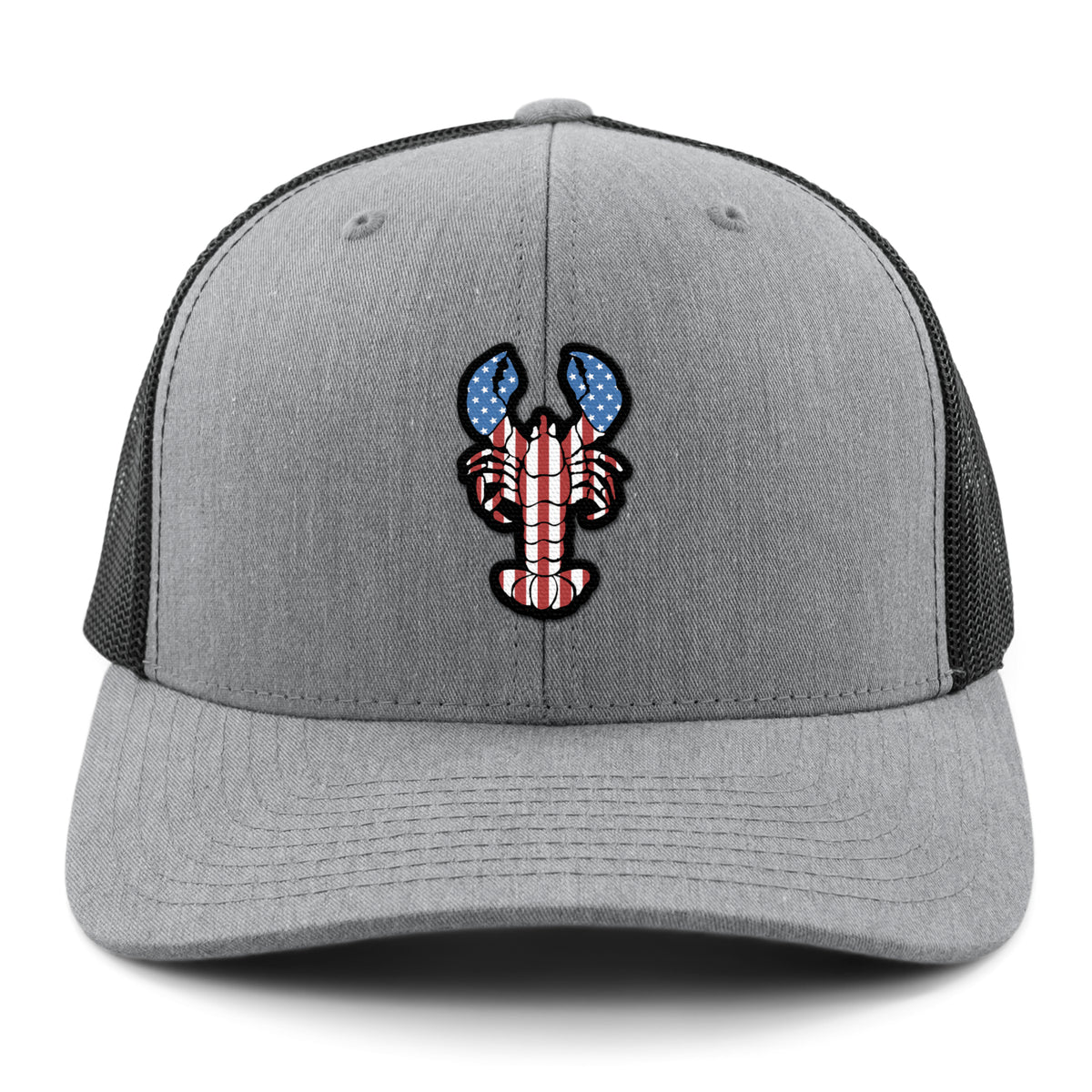 Front of gray USA Lobster snapback trucker hat with flag-patterned lobster graphic