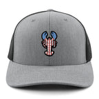 Front of gray USA Lobster snapback trucker hat with flag-patterned lobster graphic