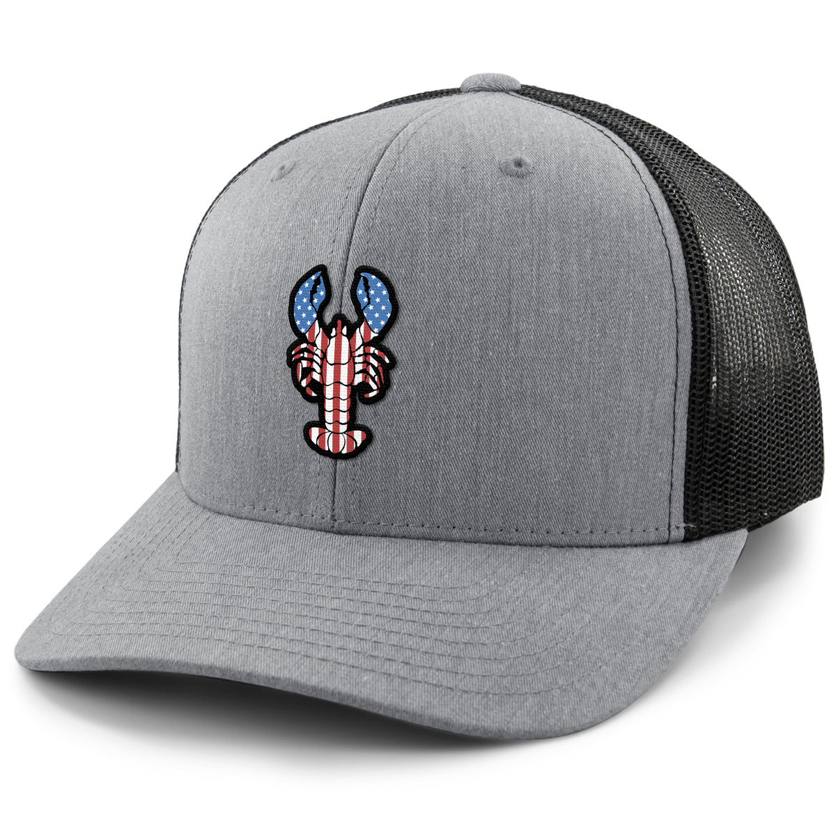 USA Lobster classic snapback trucker hat in gray — American flag lobster graphic