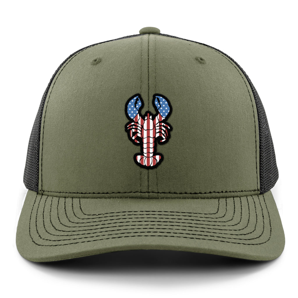 Front of military green USA Lobster snapback trucker hat with flag-patterned lobster graphic