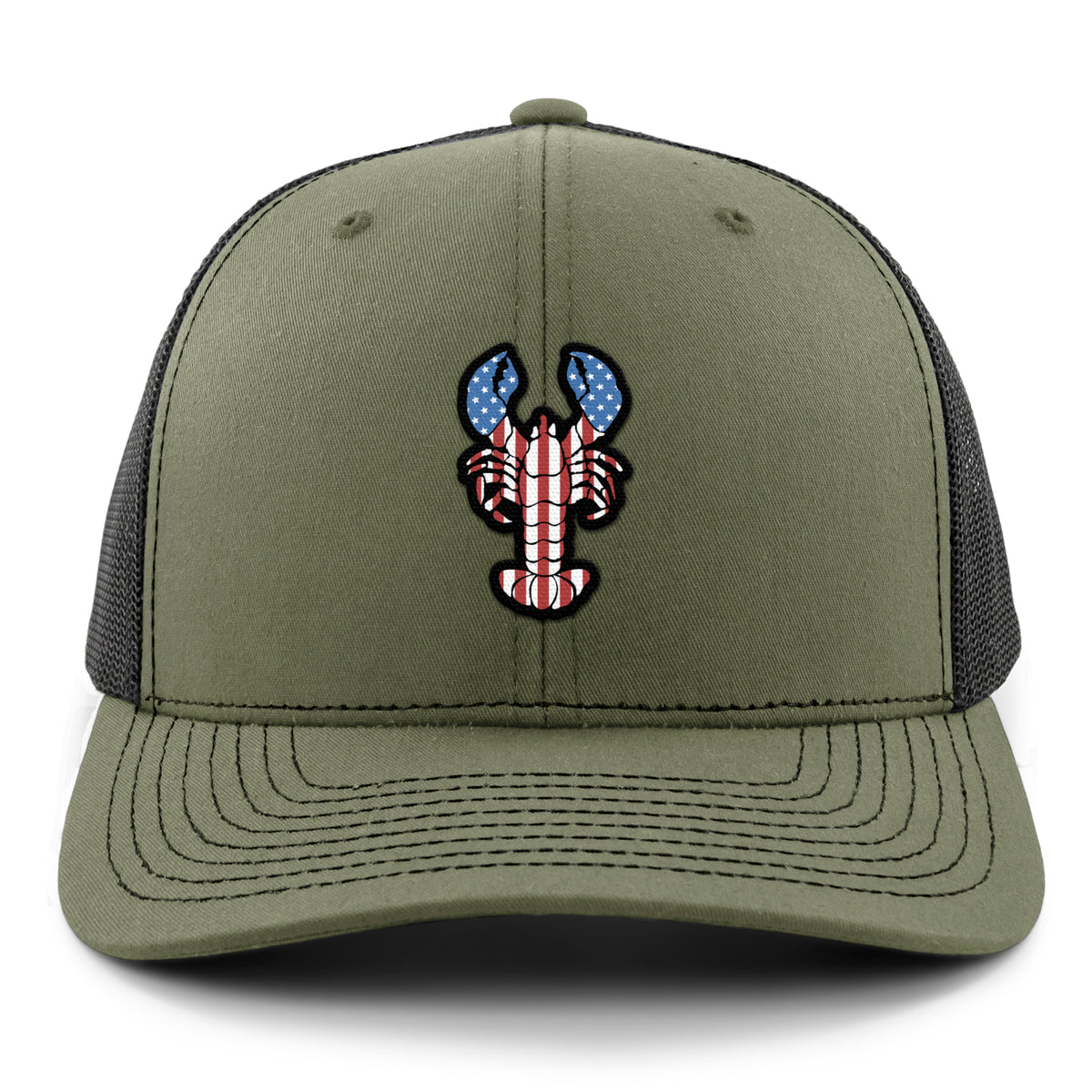 Front of military green USA Lobster snapback trucker hat with flag-patterned lobster graphic