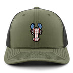 Front of military green USA Lobster snapback trucker hat with flag-patterned lobster graphic