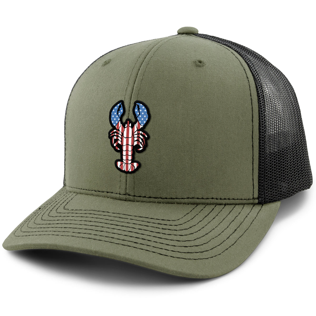 USA Lobster classic snapback trucker hat in military green — American flag lobster graphic