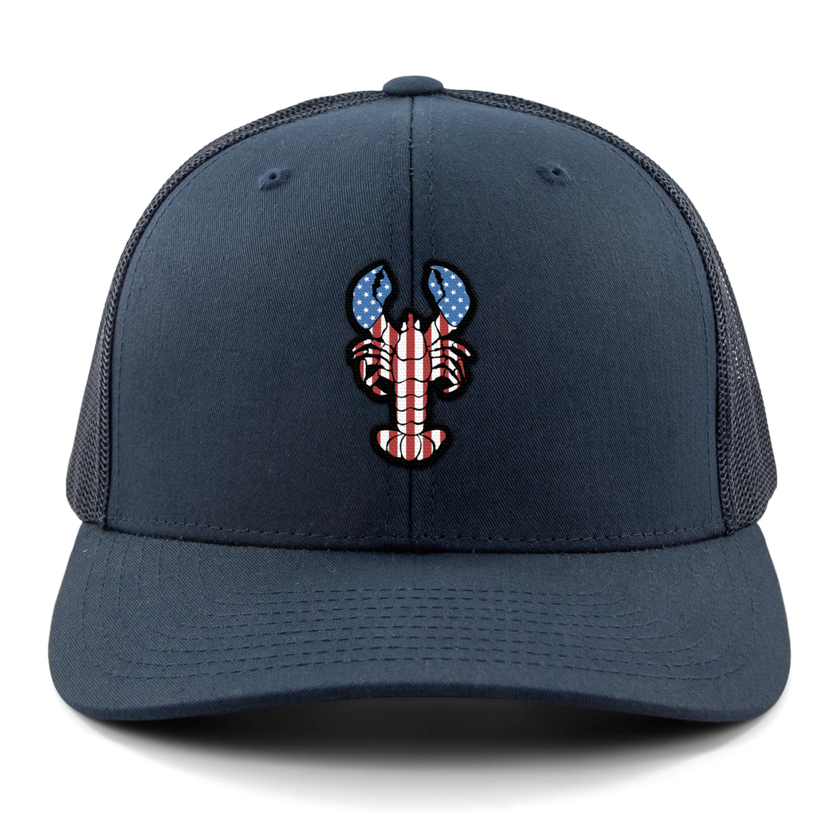 Front of navy USA Lobster snapback trucker hat with flag-patterned lobster graphic