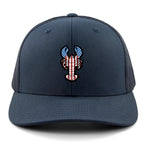 Front of navy USA Lobster snapback trucker hat with flag-patterned lobster graphic