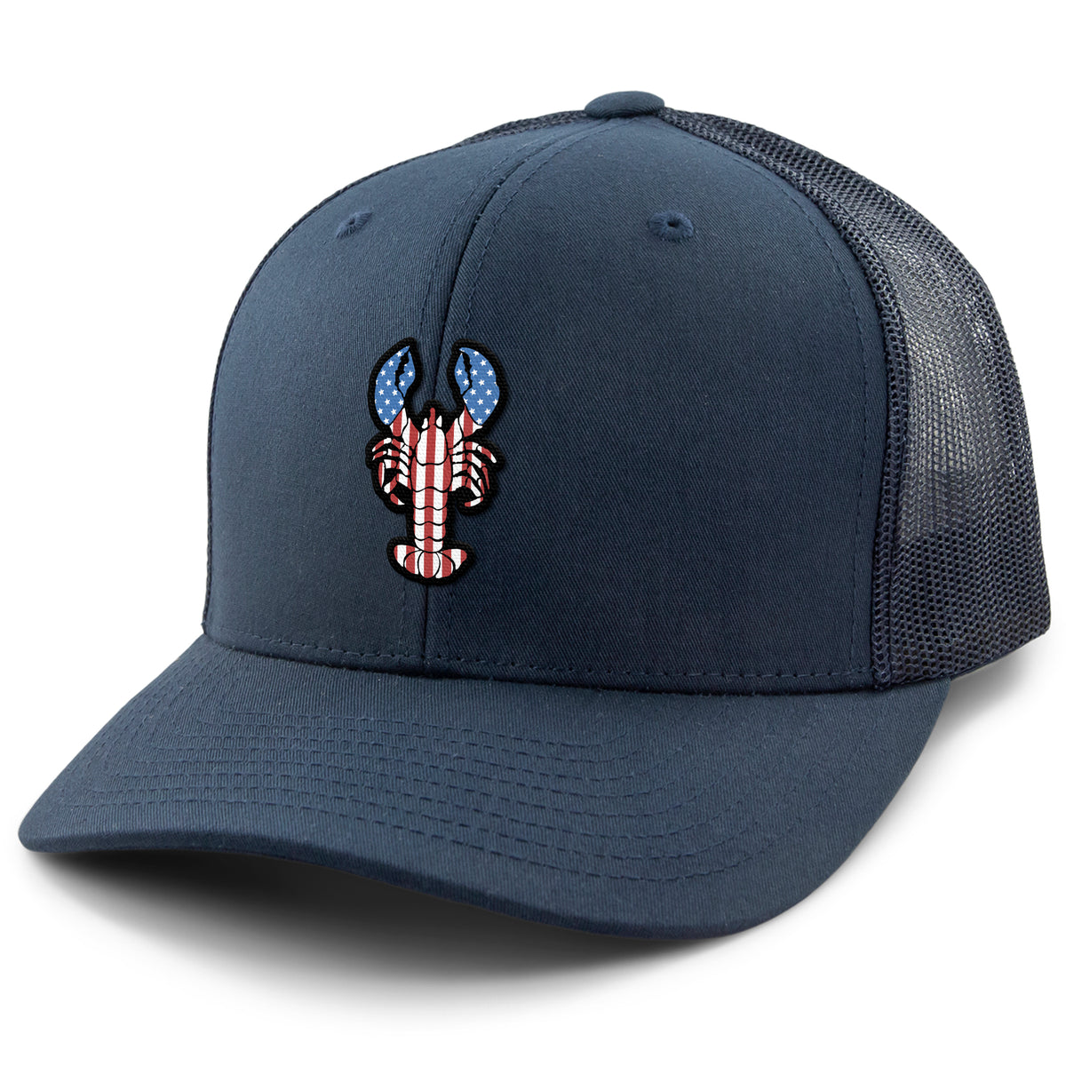 USA Lobster classic snapback trucker hat in navy — American flag lobster graphic