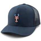 USA Lobster classic snapback trucker hat in navy — American flag lobster graphic