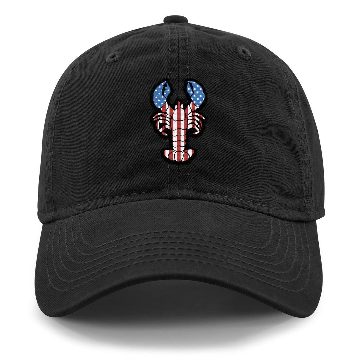 Front of black USA Lobster dad hat with flag-patterned lobster graphic