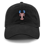 Front of black USA Lobster dad hat with flag-patterned lobster graphic