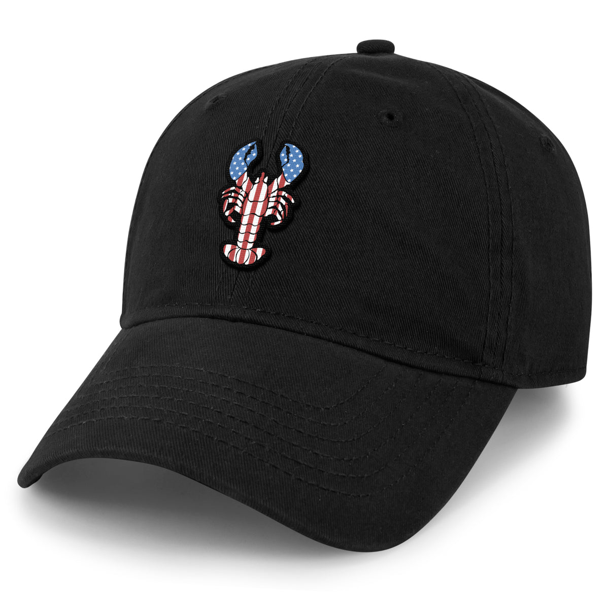 USA Lobster dad hat in black — American flag lobster graphic on 6-panel cap