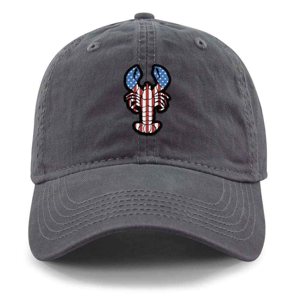 Front of charcoal USA Lobster dad hat with flag-patterned lobster graphic