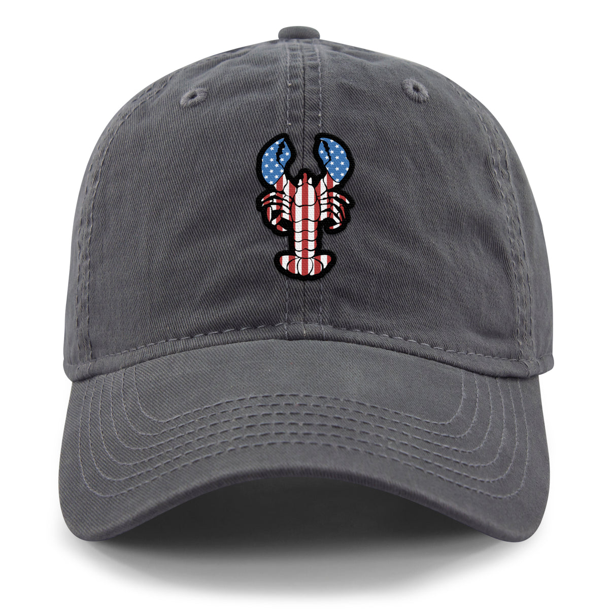 Front of charcoal USA Lobster dad hat with flag-patterned lobster graphic