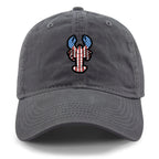Front of charcoal USA Lobster dad hat with flag-patterned lobster graphic