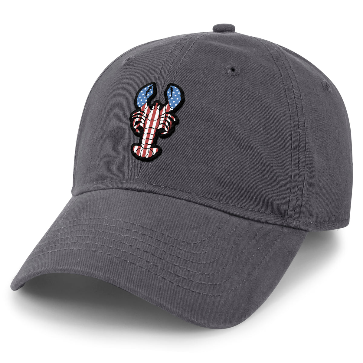 USA Lobster dad hat in charcoal — American flag lobster graphic on 6-panel cap