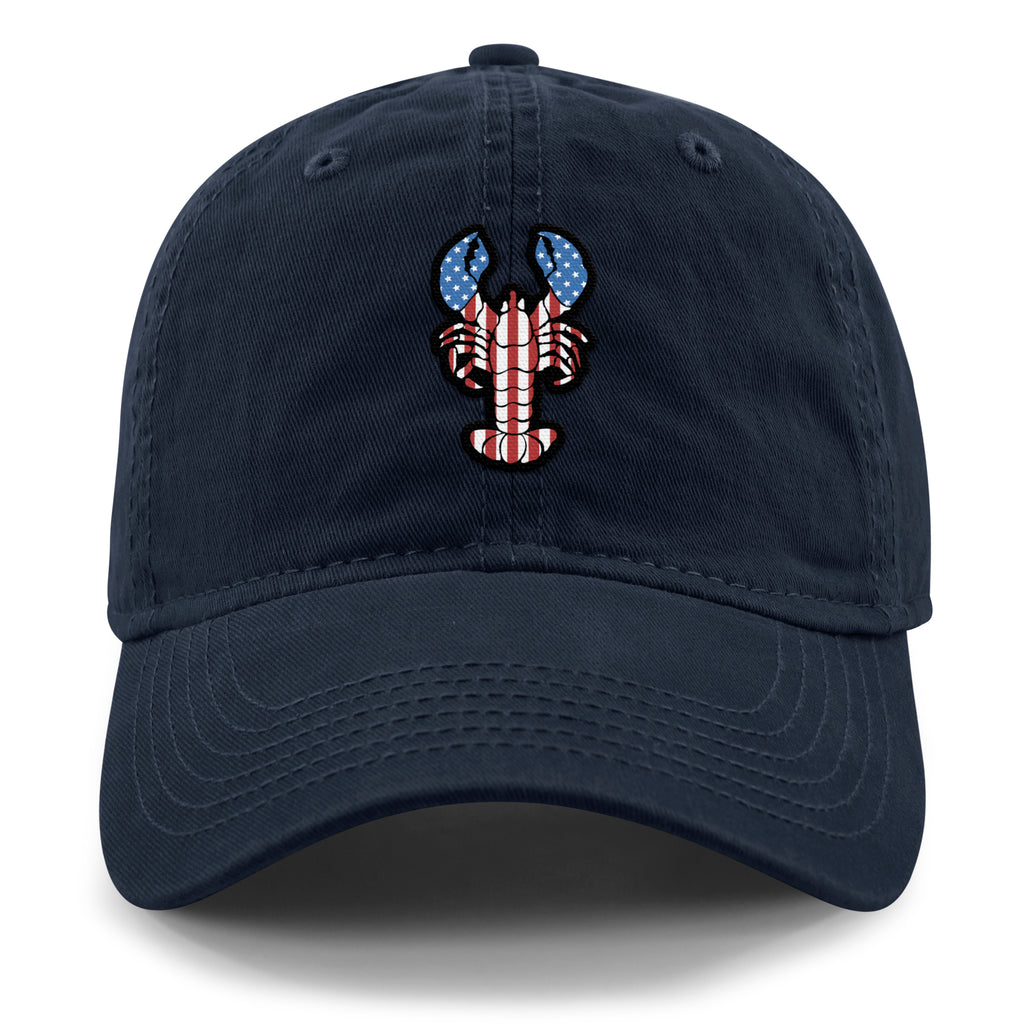 Front of navy USA Lobster dad hat with flag-patterned lobster graphic