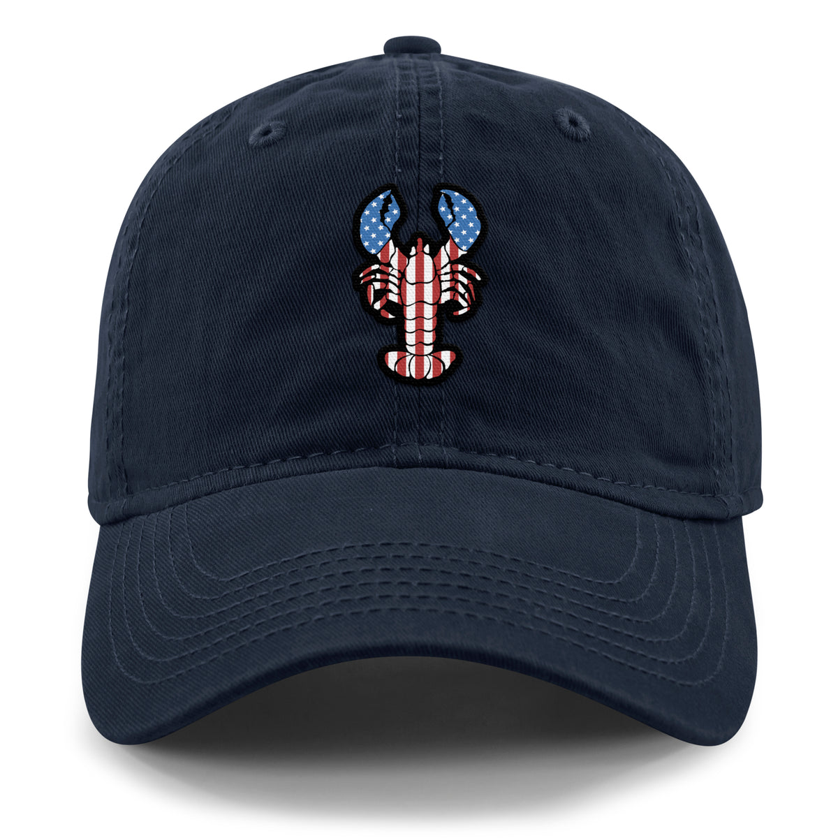 Front of navy USA Lobster dad hat with flag-patterned lobster graphic