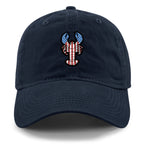 Front of navy USA Lobster dad hat with flag-patterned lobster graphic