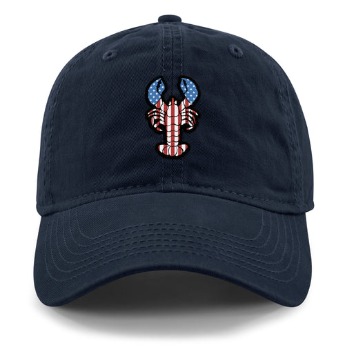 Front of navy USA Lobster dad hat with flag-patterned lobster graphic