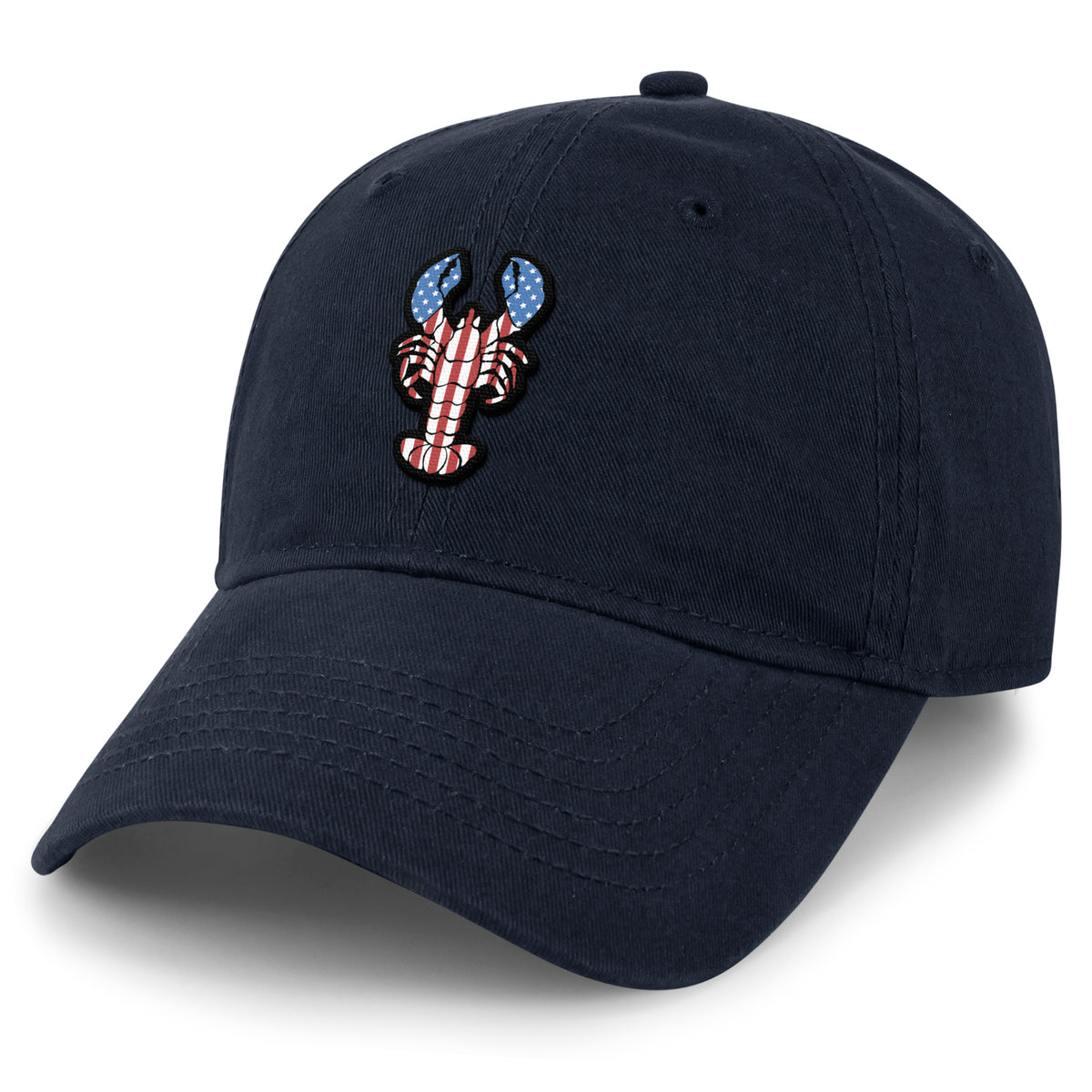 USA Lobster dad hat in navy — American flag lobster graphic on 6-panel cap