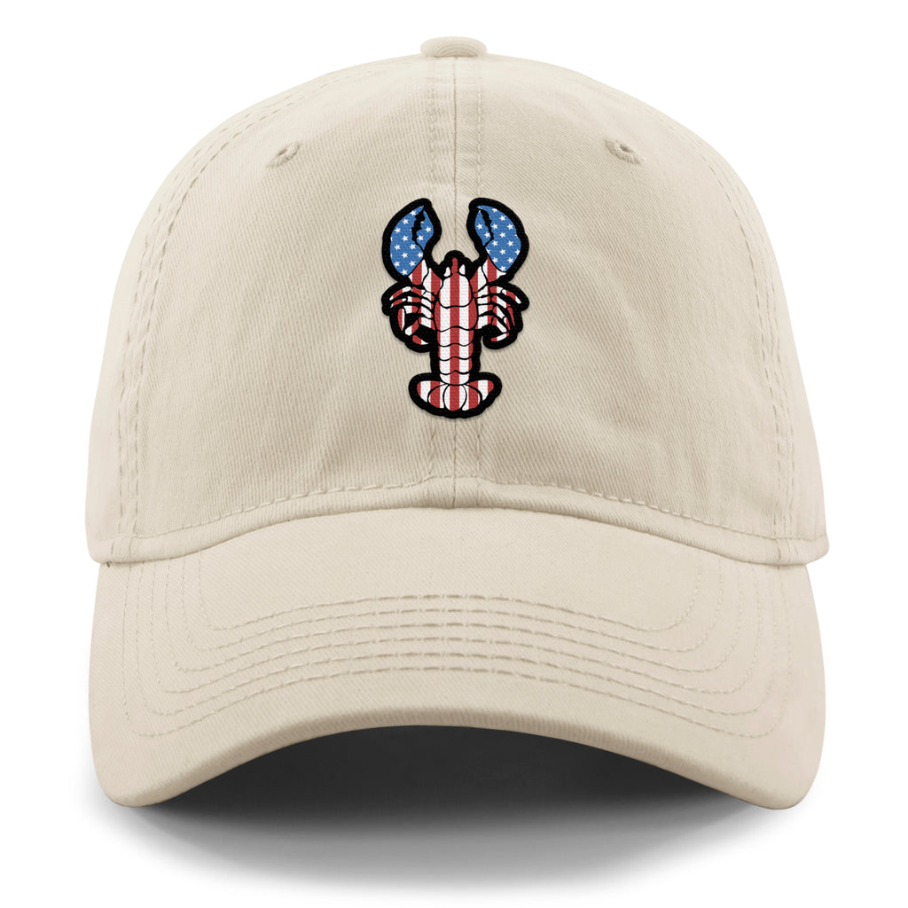 Front of stone USA Lobster dad hat with flag-patterned lobster graphic