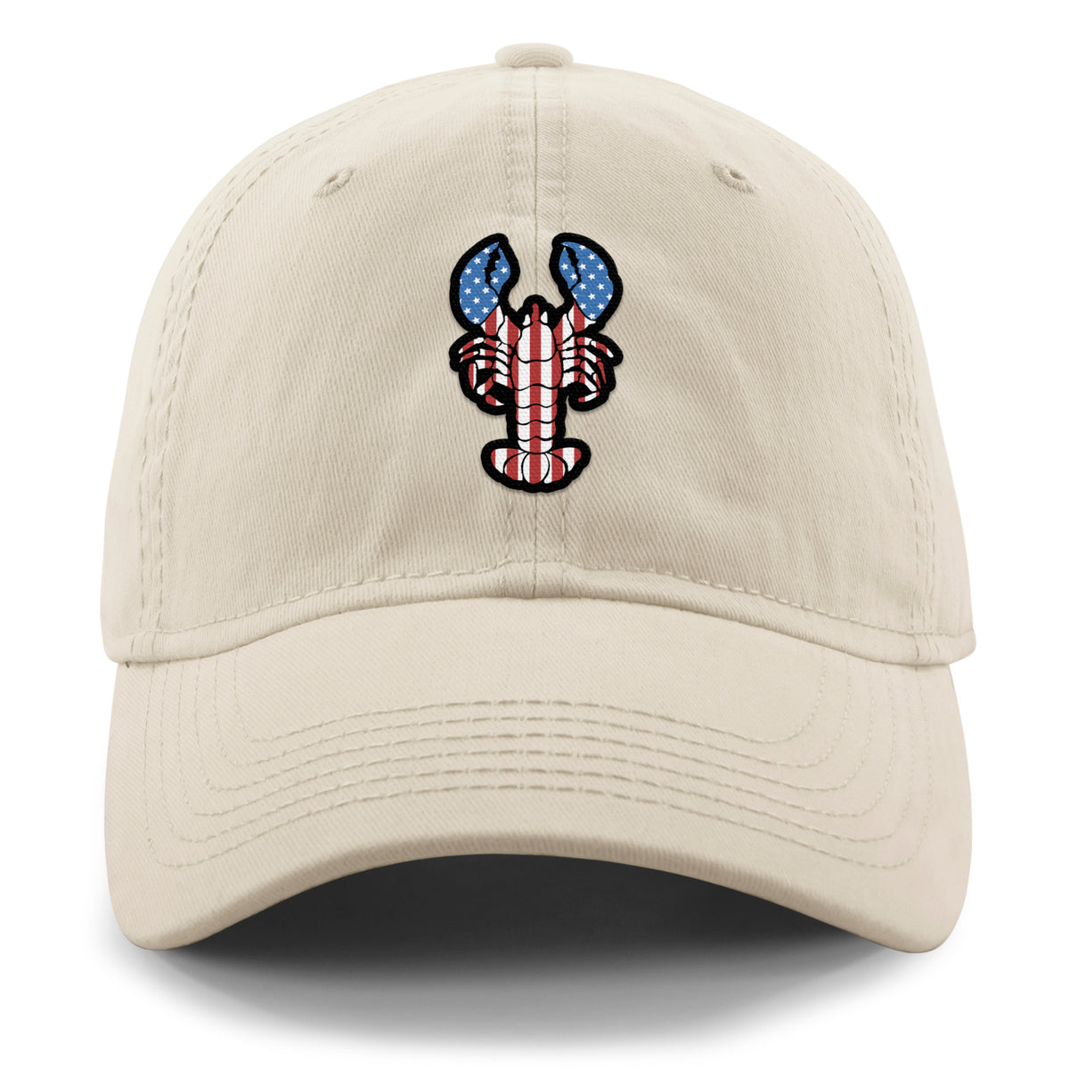 Front of stone USA Lobster dad hat with flag-patterned lobster graphic
