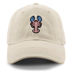 Front of stone USA Lobster dad hat with flag-patterned lobster graphic