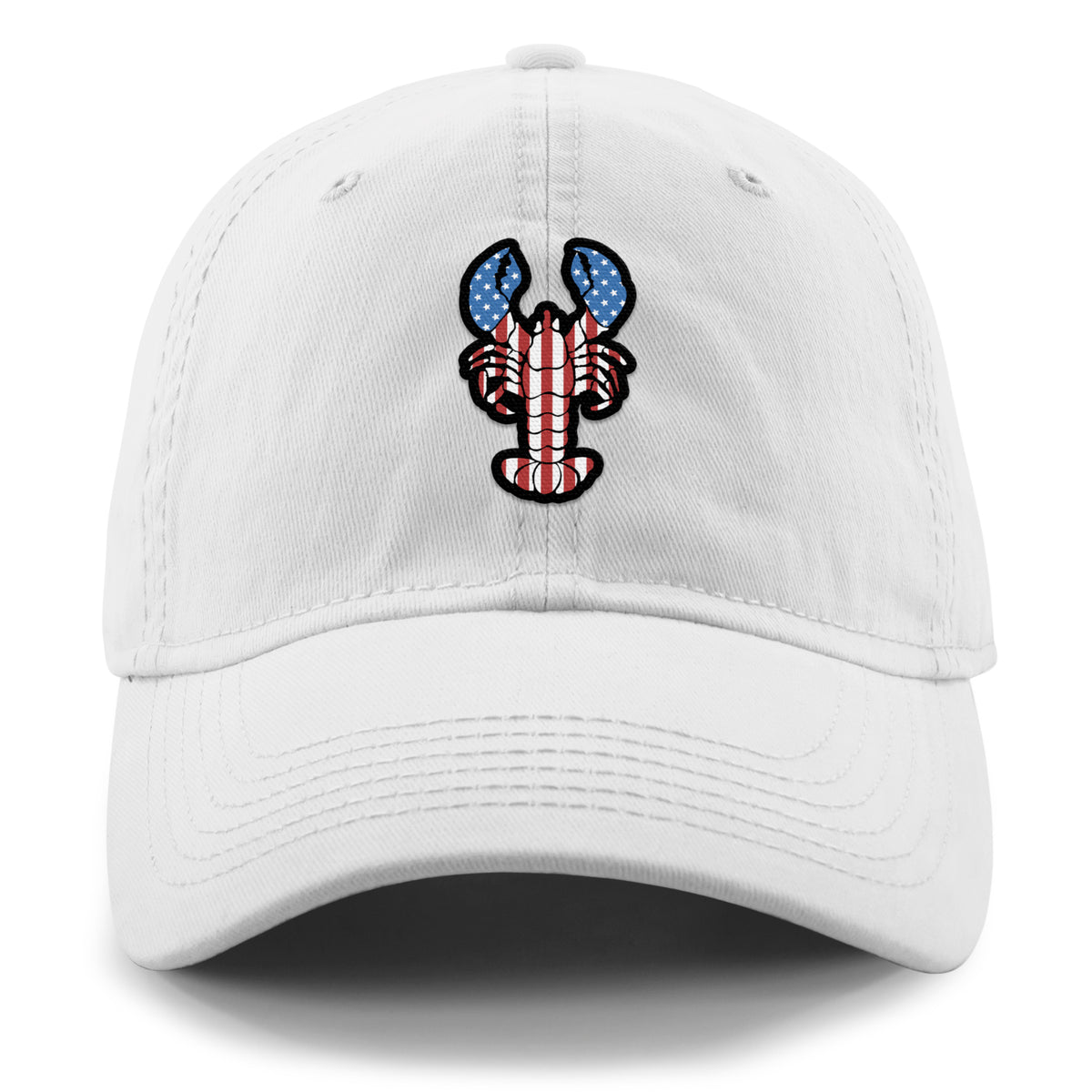 Front of white USA Lobster dad hat with flag-patterned lobster graphic