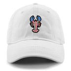 Front of white USA Lobster dad hat with flag-patterned lobster graphic