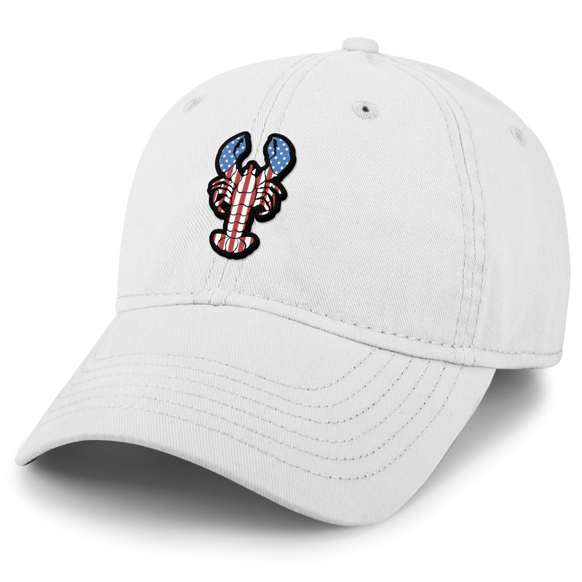 USA Lobster dad hat in white — American flag lobster graphic on 6-panel cap