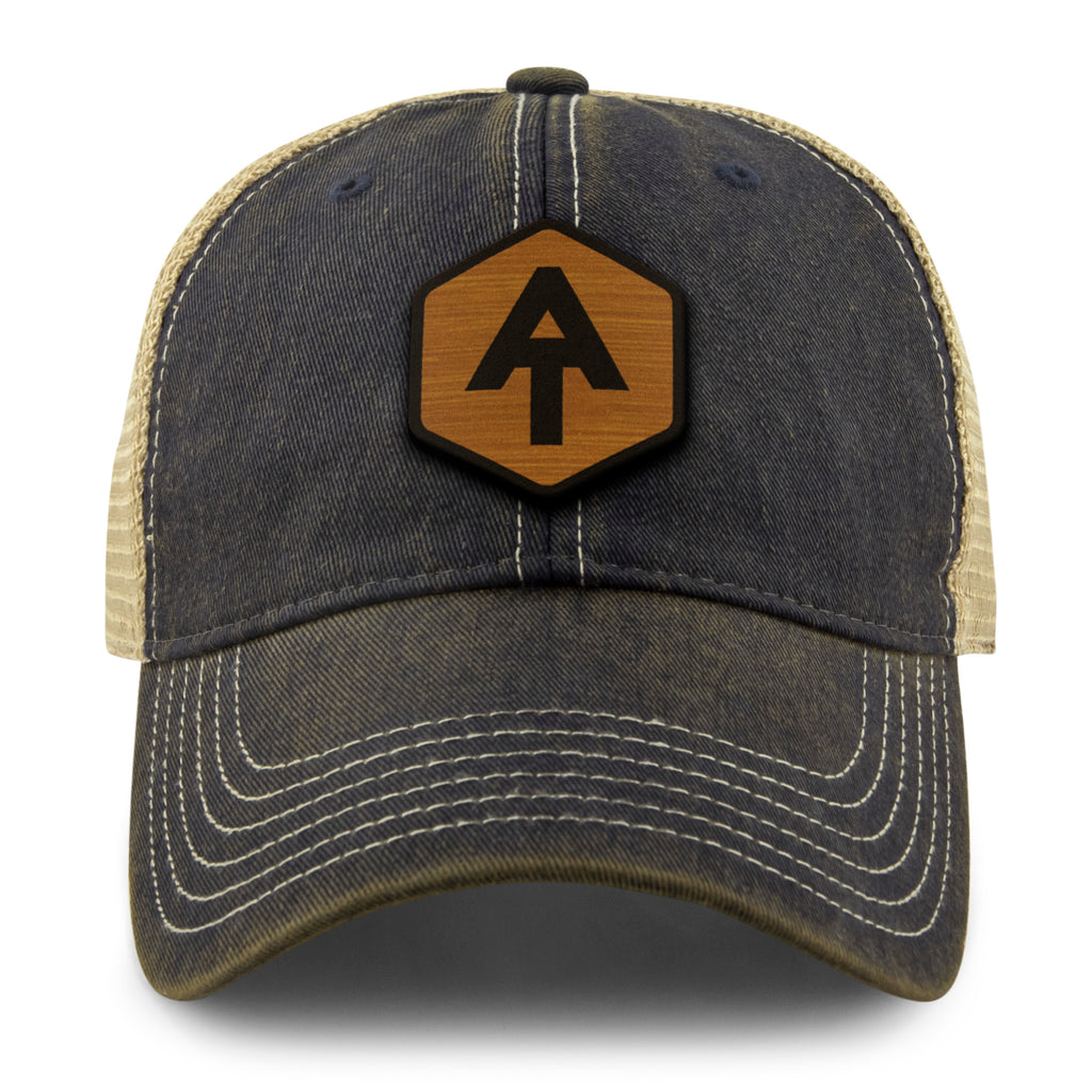 Appalachian Trail Wood Grain Patch Dirty Water Trucker Hat — front view in Navy