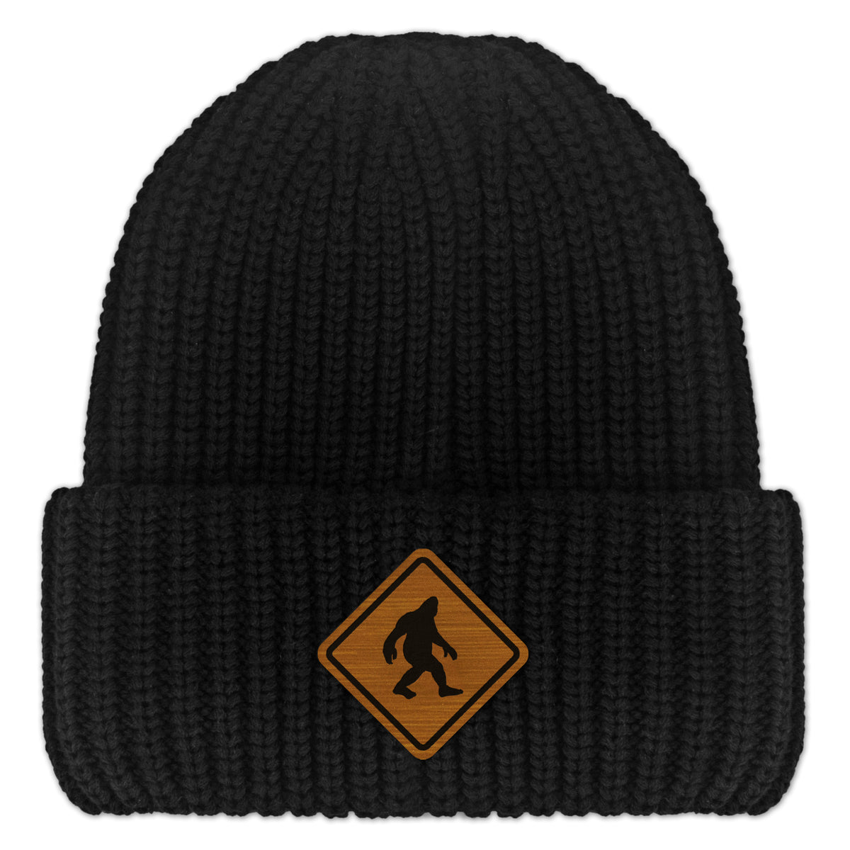Bigfoot Crossing Sign Wood Grain Patch Chunky Knit Winter Hat - Chowdaheadz