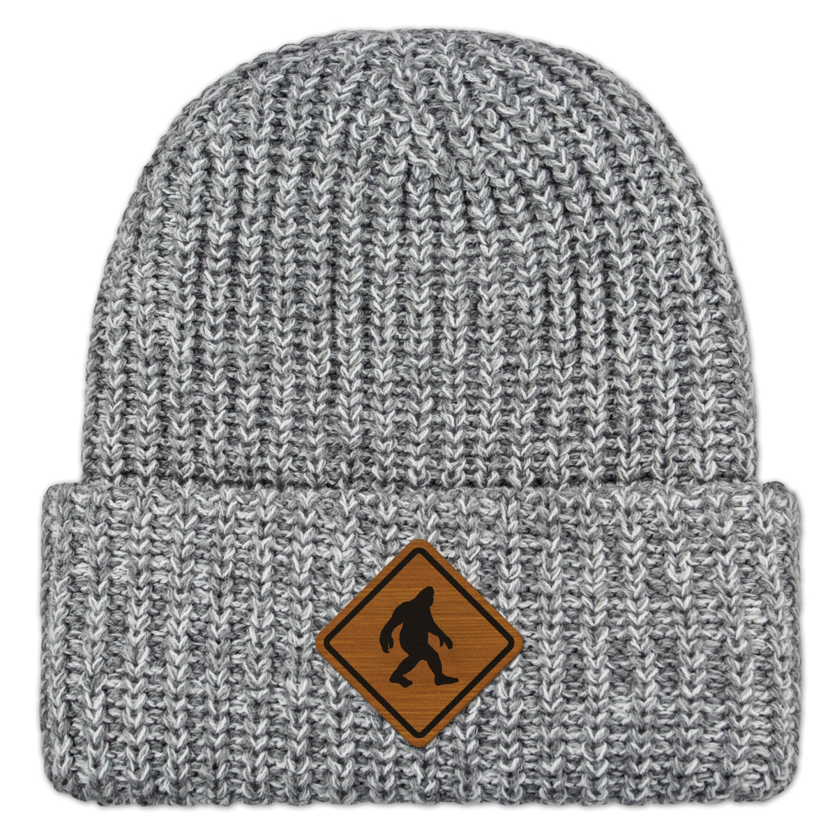 Bigfoot Crossing Sign Wood Grain Patch Chunky Knit Winter Hat - Chowdaheadz