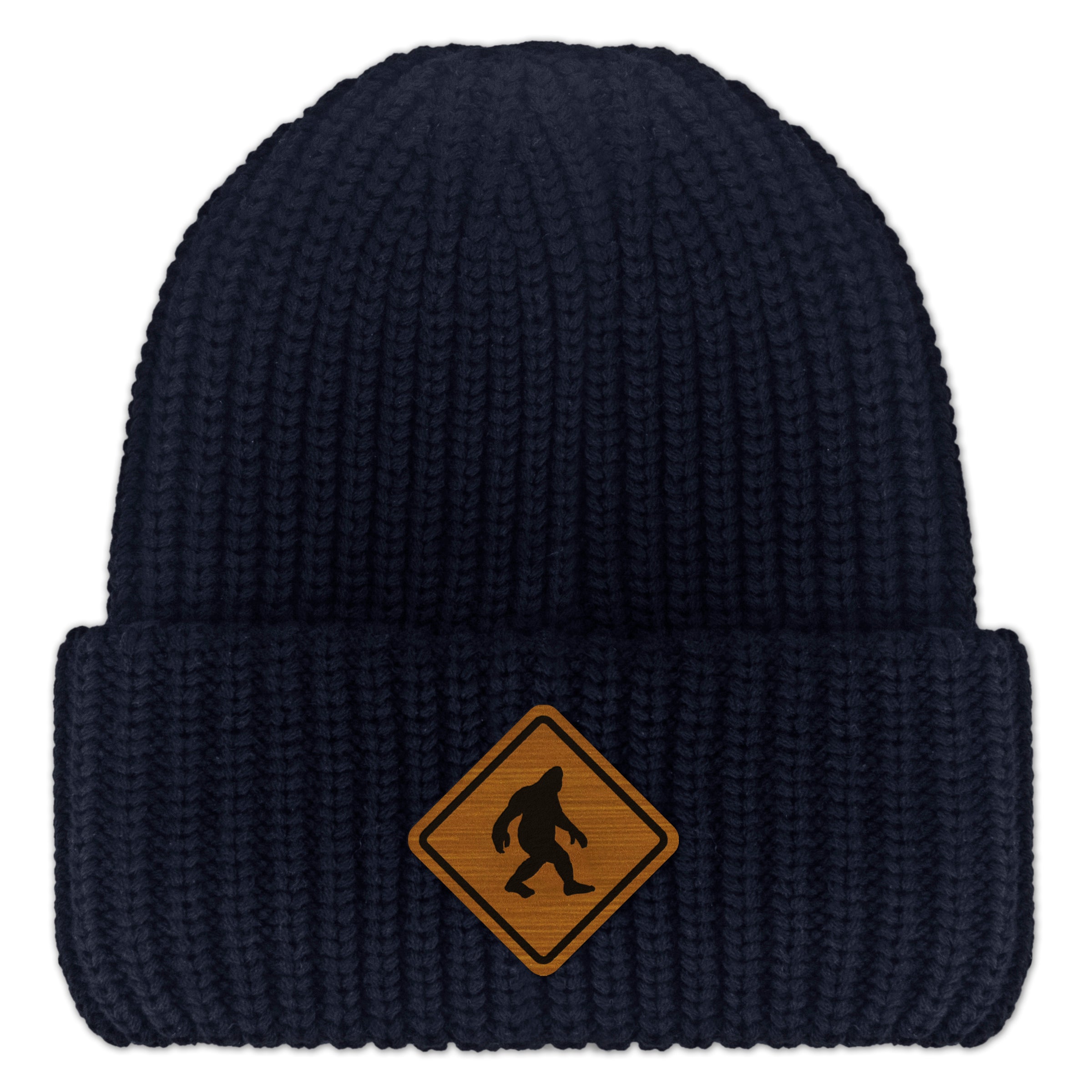 Bigfoot Crossing Sign Wood Grain Patch Chunky Knit Winter Hat