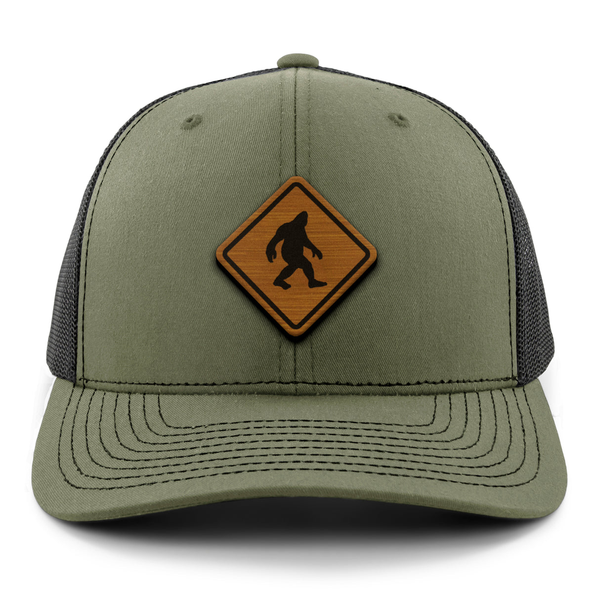 Bigfoot Crossing Sign Wood Grain Patch Classic Snapback Trucker Hat - Chowdaheadz