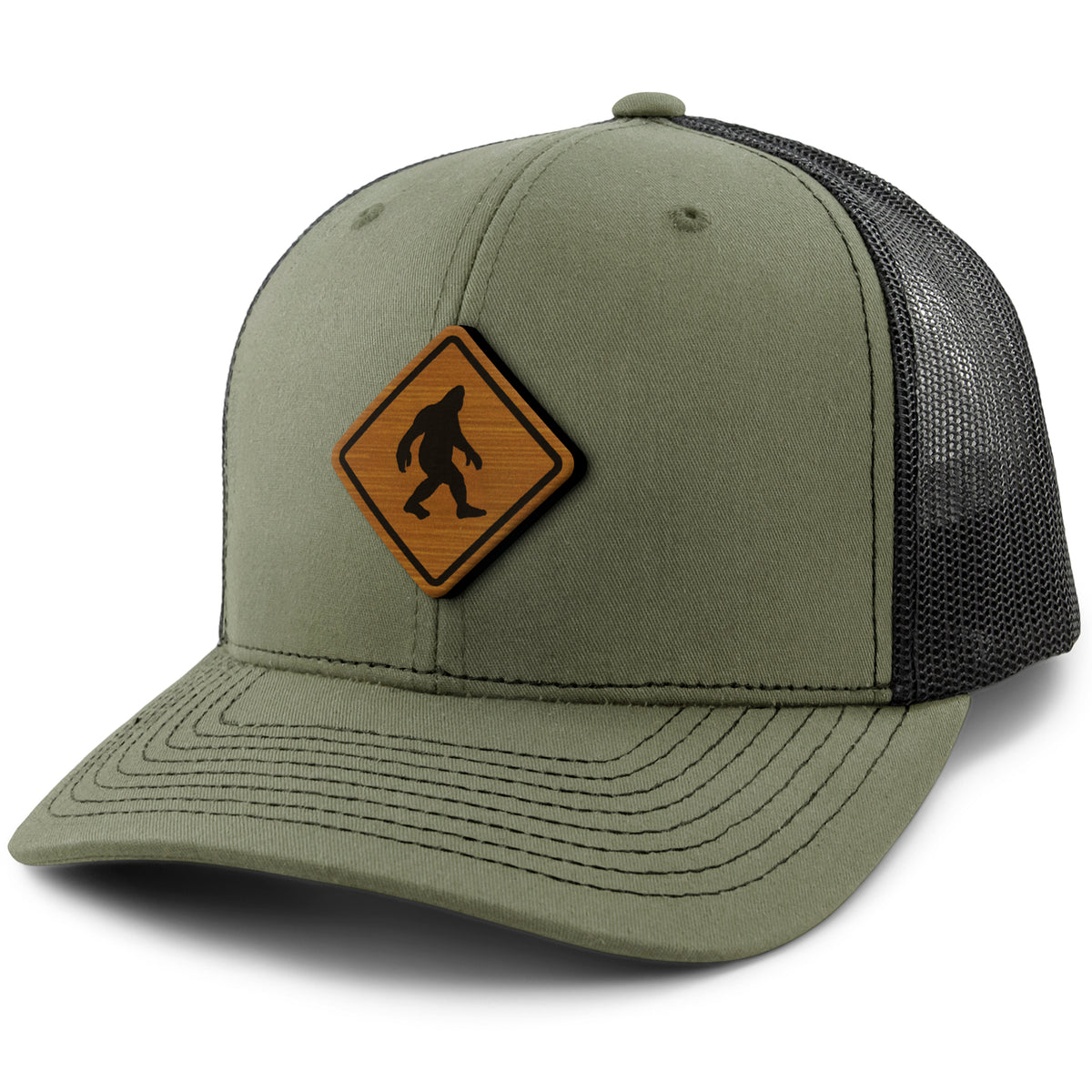 Bigfoot Crossing Sign Wood Grain Patch Classic Snapback Trucker Hat - Chowdaheadz