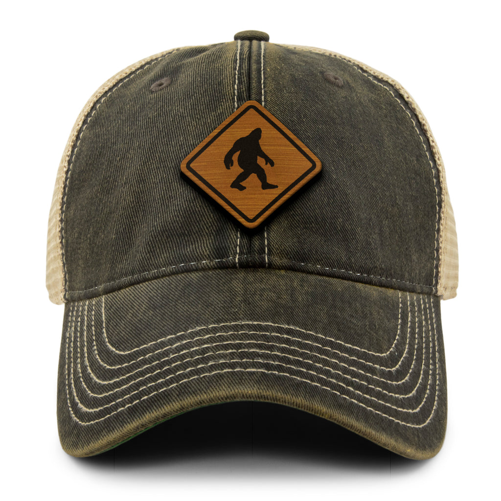Bigfoot Crossing Sign Wood Grain Patch Dirty Water Trucker Hat - Chowdaheadz