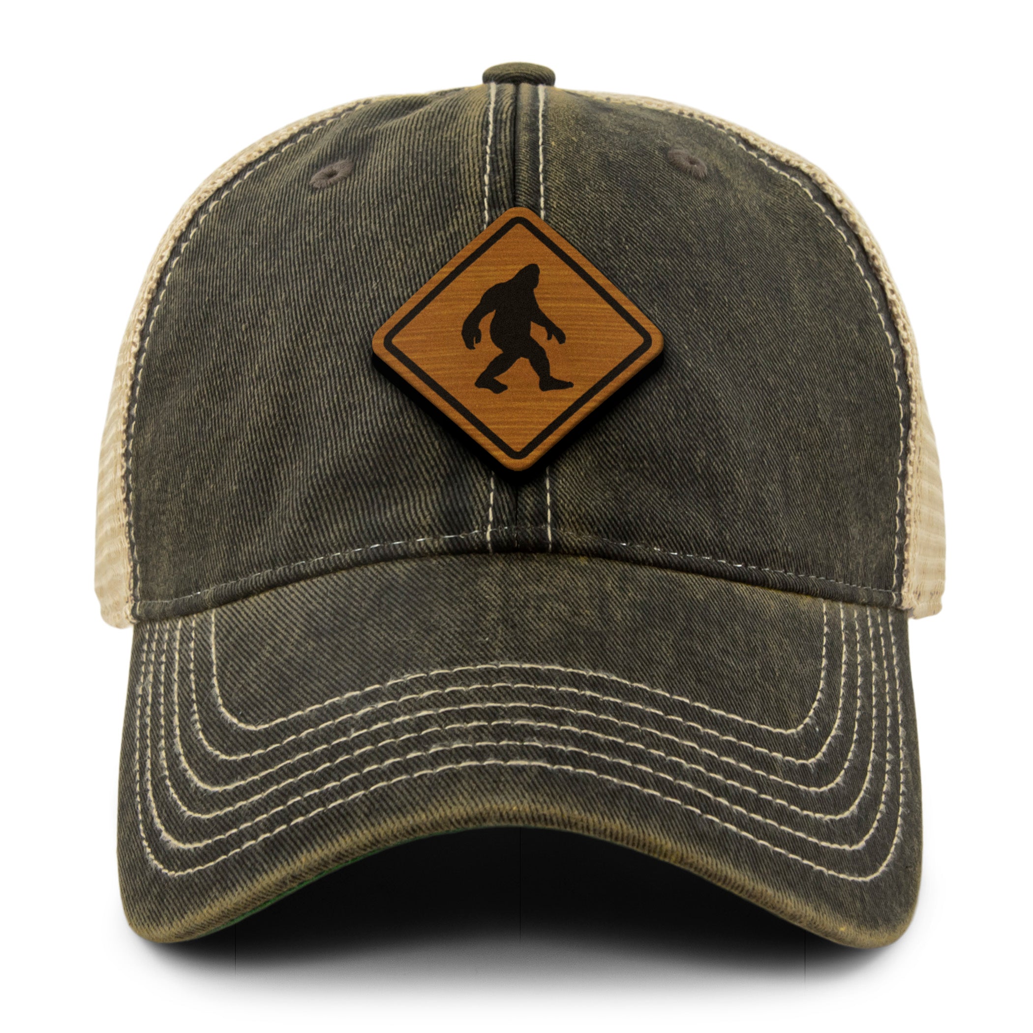 Bigfoot Crossing Sign Wood Grain Patch Dirty Water Trucker Hat