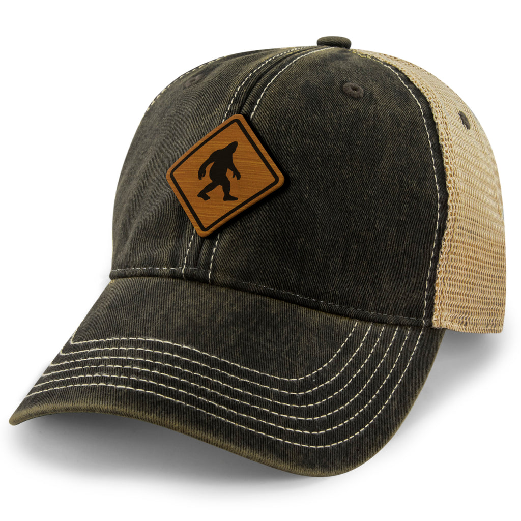 Bigfoot Crossing Sign Wood Grain Patch Dirty Water Trucker Hat - Chowdaheadz